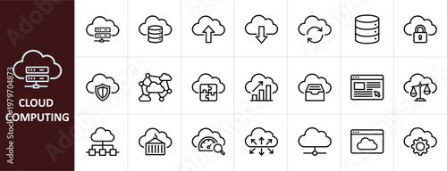 Cloud Computing and Network Infrastructure Line Icon Set - Minimalist Tech Vector Illustrations