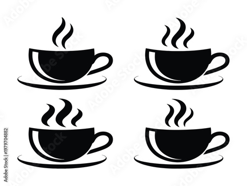 Four Black Silhouettes of Steaming Coffee Cups on Saucers