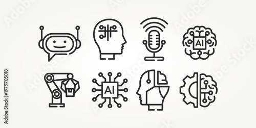 minimalist set of artificial intelligence technology line art icons vector illustration design. chatbot, AI assistant, smart system and more