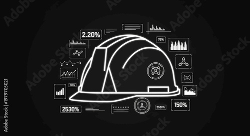 Digital outline of a construction hard hat with data overlays.