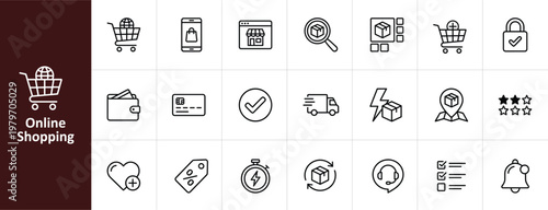 Online Shopping and E-commerce Line Icon Set - Minimalist Retail and Digital Marketing Vector Illustrations