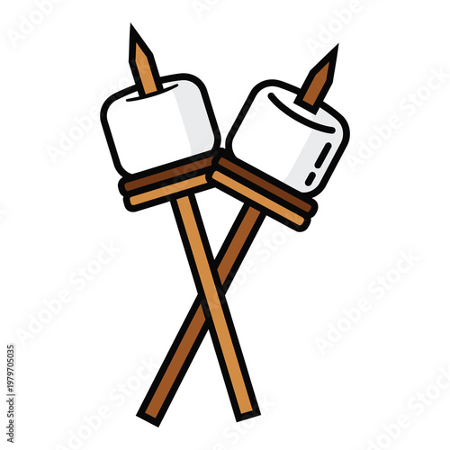 Cartoon illustration of marshmallows on wooden skewers for campfire toasting icon