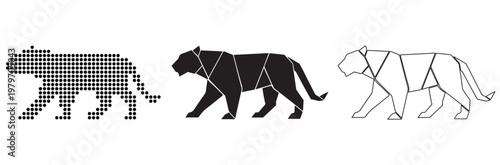Three stylized animal illustrations show a tiger in pixelated, geometric and line art styles.