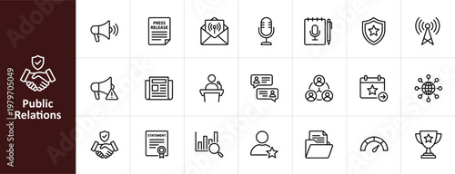 Public Relations and Communication Line Icon Set - Minimalist Media and Branding Vector Illustrations