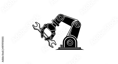 Robotic arm holding wrench tool in industrial setting.