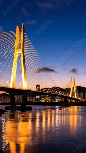 A large cable-stayed bridge illuminated at dusk, spanning a body of water with mountains in the background, possibly for travel or infrastructure use