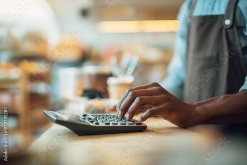Close up over shoulder view focusing hand of shopkeeper using calculator counter shallow framing behind small retail shop environment camera behind subject no face visible natural lighting realistic
