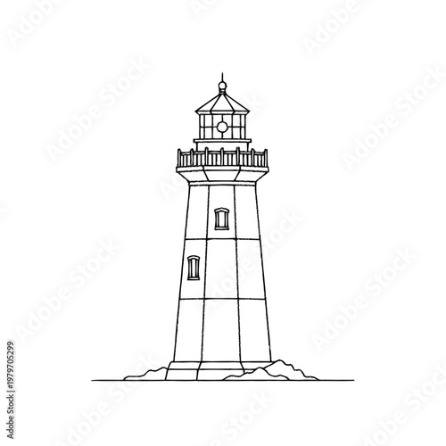 Classic lighthouse vector line art illustration. Coastal beacon tower on rocky shore, navigational light for ships.