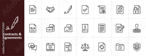 Contracts and Agreements Line Icon Set - Minimalist Legal and Business Document Vector Illustrations