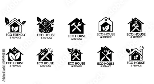 Collection of Eco House and Repair Service Logos with Green and Sustainable Themes.