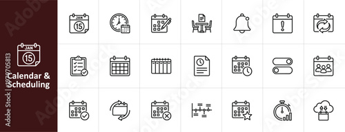 Calendar and Scheduling Line Icon Set - Minimalist Productivity and Time Management Vector Illustrations