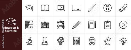 Education and E-Learning Line Icon Set - Minimalist Academic and Online Study Vector Illustrations