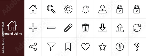 General Utility and Basic Interface Line Icon Set - Minimalist Universal Web and Mobile Vector Illustrations