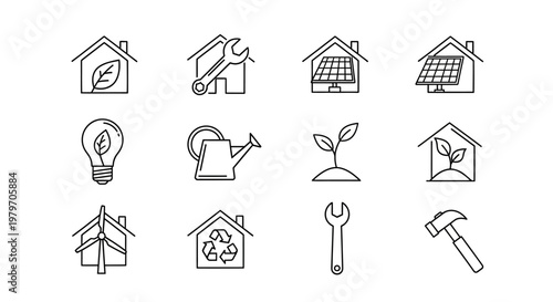 Eco-Friendly Home and Sustainable Living Doodle Icons Set.