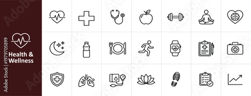 Health and Wellness Line Icon Set - Minimalist Medical, Fitness, and Lifestyle Vector Illustrations