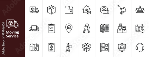 Moving Service and Relocation Line Icon Set - Minimalist Packing and Logistics Vector Illustrations