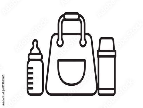 Baby essentials collection diaper bag bottle and lotion black and white outline