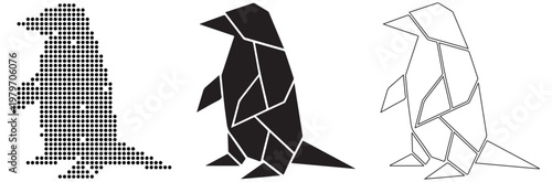 Origami Penguin Triptych: Pixel Art, Solid Silhouette, Line Drawing