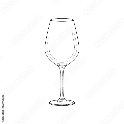 Hand drawn sketch illustration of an empty wine glass. Vintage engraving style vector line art barware graphic design element.