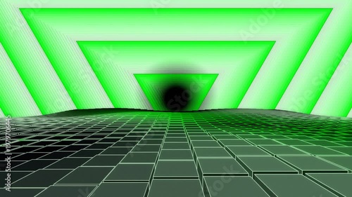 3D Neon Cube Corridor Background with a triangular pattern, white and green, for videotrons, advertising, gaming, virtual environments, music, digital signage, virtual reality, live events, meetings,