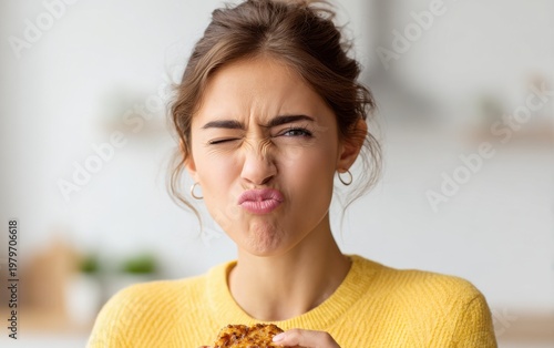 Woman makes a disgusted face while tasting burnt food in a kitchen