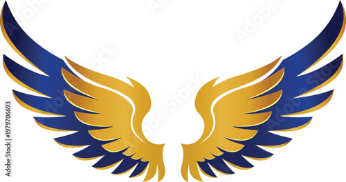 Set of blue and gold metallic wings isolated on white