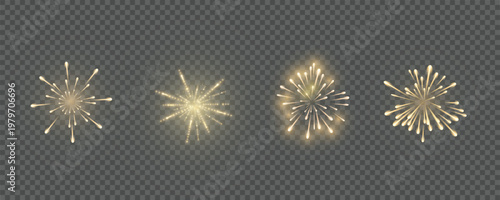 Festive golden fireworks set on a transparent background