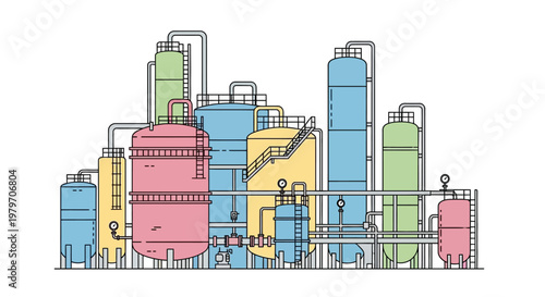 Industrial factory with colorful tanks.