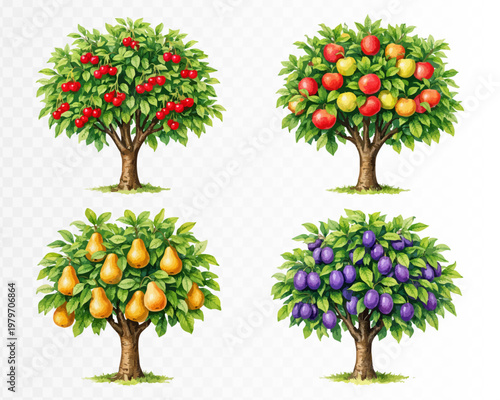 Charming orchard tree collection with bright red berries, rosy apples, golden pears and rich purple plums, full of lush foliage and abundant harvest in detailed botanical watercolor style. Vector