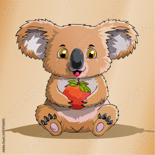 Cute cartoon koala holding a strawberry.