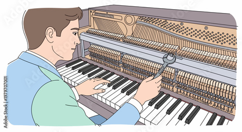 Man tuning a piano with wrench.