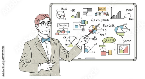 Businessman explaining data on whiteboard.