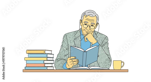 Older man reading a book deeply.