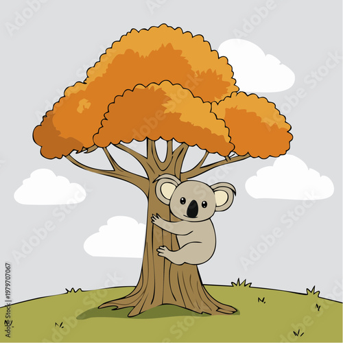 A cartoon koala bear hugging tree.