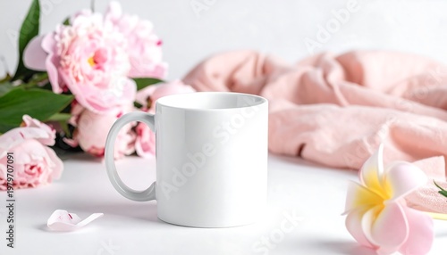 White mug mockup with pink flowers and a soft blanket on a white surface.