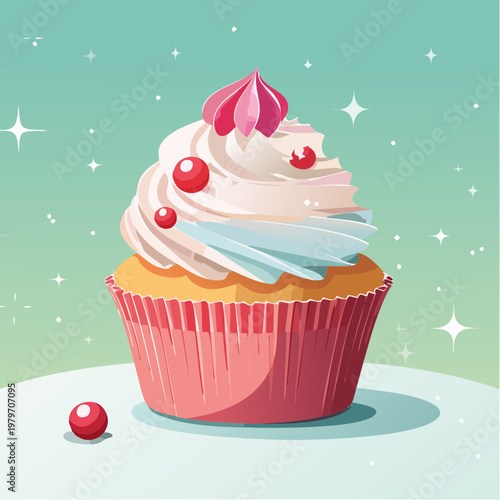 A colorful cupcake with pink frosting.