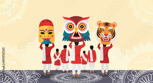 People in traditional red and white attire carrying large animal and human masks during a cultural festival or procession with decorative patterns.