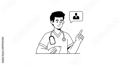Friendly male doctor wearing stethoscope and scrubs, holding tablet, pointing finger up, with chat bubble showing person icon, representing telehealth consultation, medical