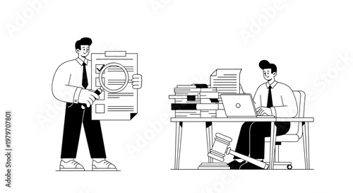 Man examining checklist document with magnifying glass near desk piled with books and laptop, another man working at computer with gavel present, representing legal proceedings