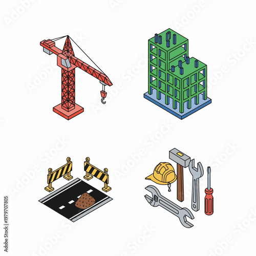 Isometric Construction Site Elements and Tools Set.