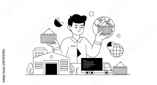 Man holding shipping container with globe, warehouse, truck, and pie charts representing global logistics, supply chain management, and international trade operations.