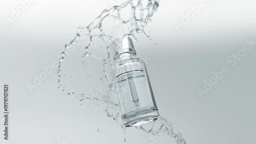 Luxury cosmetic serum bottle with transparent liquid splash swirling around it in slow motion. Elegant skincare product advertisement concept featuring glass dropper bottle isolated on clean white bac