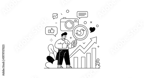 Man holding magnifying glass examining bird symbol with camera, speech bubble, and growing bar chart indicating positive social media analytics, marketing success, and engagement