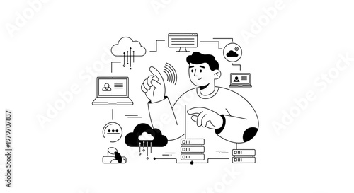 Man interacting with cloud computing network, displaying data flow between devices, servers, and digital storage, representing connectivity and information management.