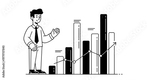Man in shirt and tie presenting dynamic bar chart showing upward growth trajectory with clean lines and minimalist black and white color scheme, perfect for financial reports and