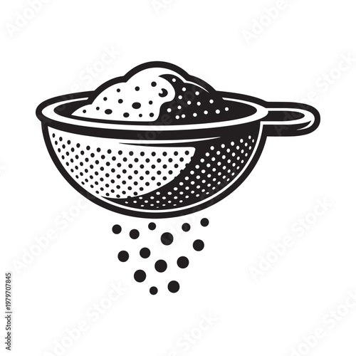 Black and white illustration of a colander with falling rice grains