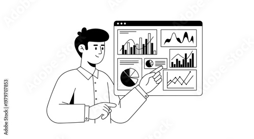 Man pointing at multiple charts and graphs on a digital screen, showcasing business analytics, financial data, and market trends with clean lines and a monochrome palette for