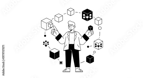 Man skillfully juggles geometric cubes and molecular structures, representing data management, complex systems, and technological innovation with clean, scalable vector lines and
