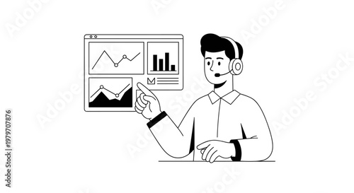 Man wearing headset points at financial graphs and charts displayed on a digital interface, signifying data analysis, customer support, or business intelligence with minimalist