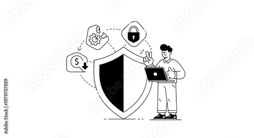 Man with laptop and shield symbolizing data security, digital protection, and financial safety, featuring icons of a broken gear, padlock, and declining dollar sign, rendered in a